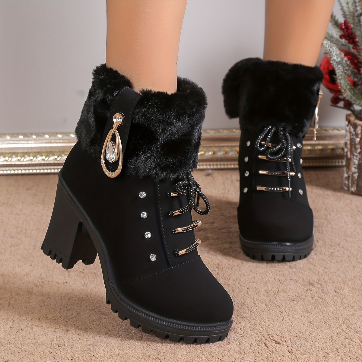 Women's Rhinestone Decor Block Heeled Boots, Fashion Lace Up Side Zipper Boots, Comfortable Winter Boots